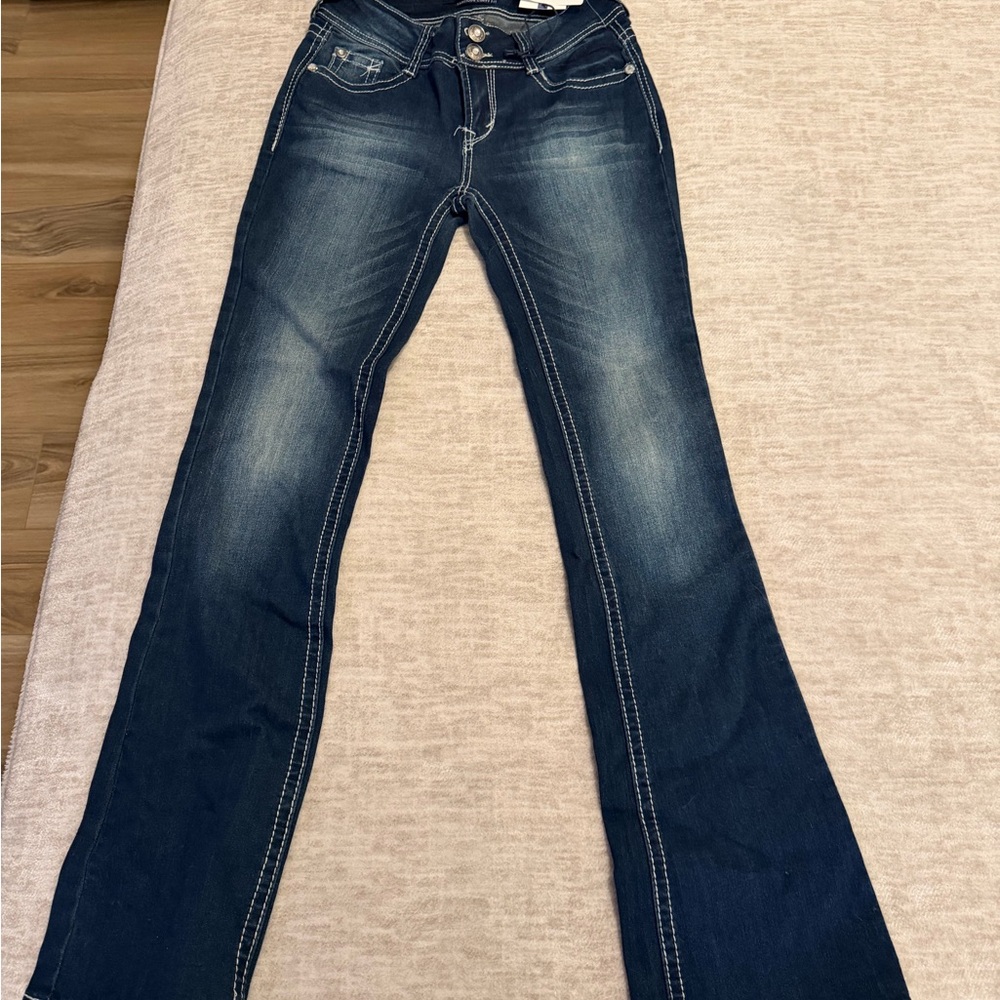 Wallflower Dark Blue Flare Jeans with pocket embellishment